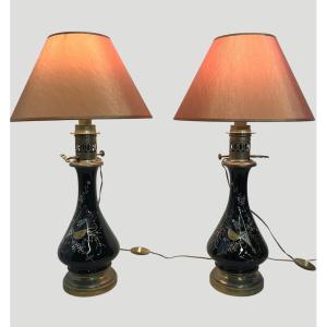 Pair Of Enameled Oil Lamps