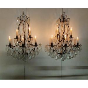 Large Pair Of Bronze Sconces With Crystal Pendants