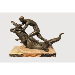 Large Group Metal Era Art Deco Fighting With Crocodile