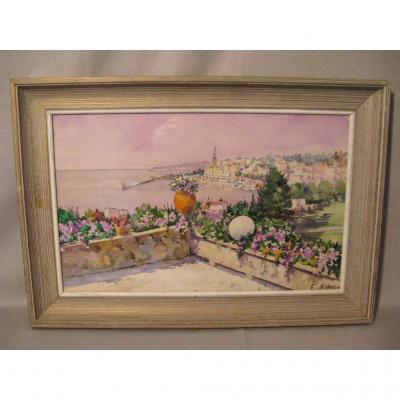 Watercolor Signed E.malezin: Flowery Terrace Twentieth Time