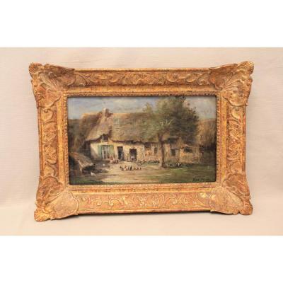 Oil On Panel Signed René Tener Farmyard XIX Century