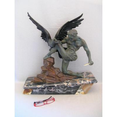 Art Deco Metal Sculpture Eagle And Man