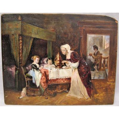 Oil Painting On Panel Middle XIX "children's Tea"