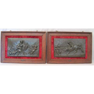 Two Bas Reliefs In Bronze Signed Alfred Borrel: The Loves Nineteenth Century