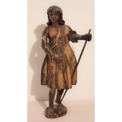 Polychrome Wooden Sculpture From The 17th Century: The Shepherd