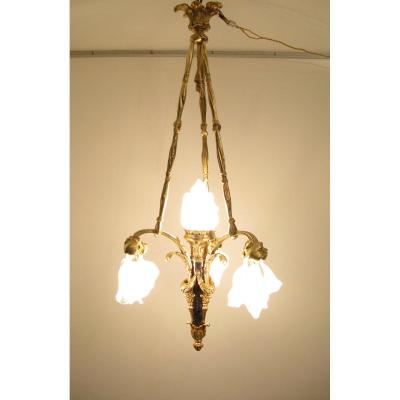 Large Louis XVI Style Chandelier In Bronze 4 Lights, XX Th Century