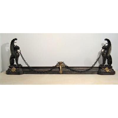 Front Of Fireplace Cast Iron And Bronze Winged Lions XIX Th Century