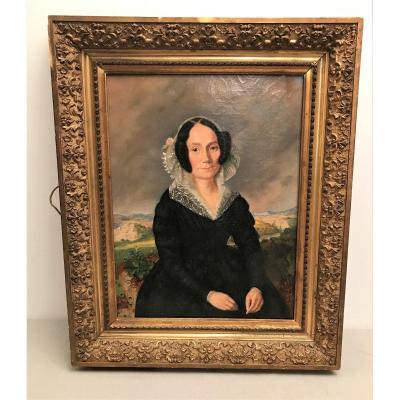 Oil On Canvas Portrait Of A Woman Lace Headdress Restoration Period XIXth Century