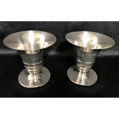 Pair Of Silver Metal Vases From The Art Deco Period