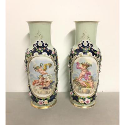 Pair Of Porcelain Vases Decorated With 19th Century Angels