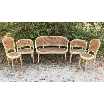 Louis XVI Style Living Room In Cane From The Late 19th Century