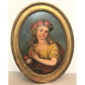 Oil Painting On Panel Young Woman With Flowers XIXth Century