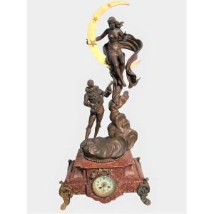 Large Romantic Clock In Metal, 19th Century