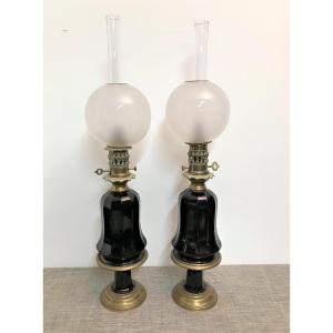 Pair Of 19th Century Opaline Oil Lamps