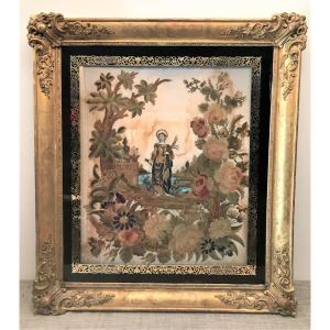 Religious Embroidery Painting Sainte Marguerite XIXth Century