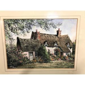 Watercolor Painting Representing A 20th Century Cottage