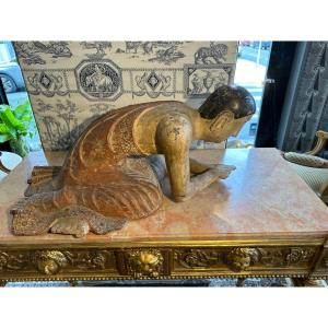 Burmese Adorer Late 19th Century In Carved Wood 