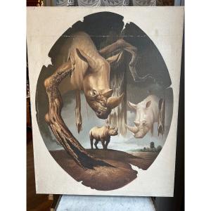 Hyperrealist Painting Rhinoceroses Oil On Canvas Signed Husin 20th Century