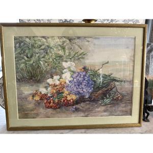 Large Watercolor Of Flowers By Elise Voisin, Late 19th Century