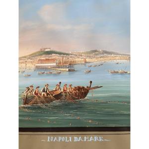 Large Gouache Painting Of The Bay Of Naples, 19th Century