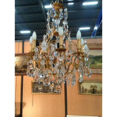 Chandelier Golden Bronze And Crystal Cut 1950
