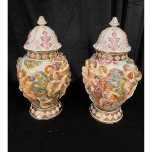 Pair Of Capodimonte Covered Pots