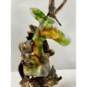 Large Sculpture Signed Lohé Bronze And Glass Paste 67 Cm High