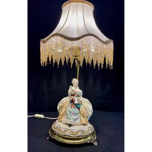 Porcelain And Bronze Lamp Woman With Doves Romantic Capodimonte