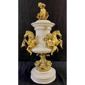 Large Porcelain And Bronze Horse Cutlery Pot