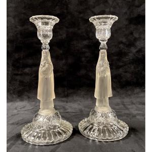 Pair Of Virgin Mary Candlesticks, Portieux Crystal