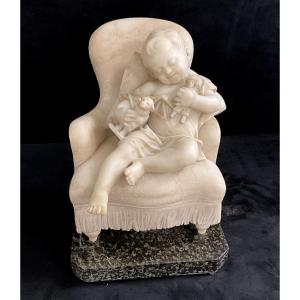 Alabaster Sculpture Of A Girl Relaxing In Her Toad Chair 