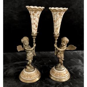 Pair Of Tulip Or Horn Vases, Chinese Porcelain