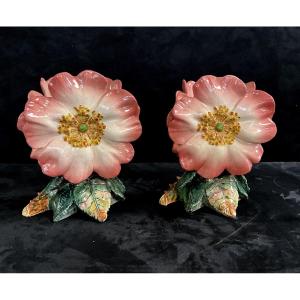 Pair Of Massier Rosehip Flower Vases
