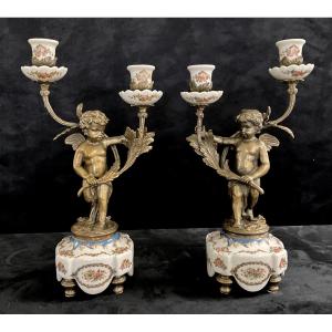 Pair Of Porcelain And Bronze Angel Candlesticks