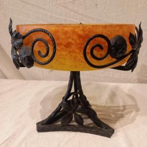 Marbled Glass Bowl Signed Delatte, Wrought Iron Frame.