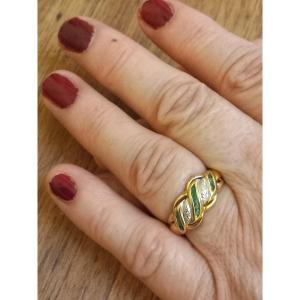 Pretty "bangle" Ring, In Yellow And White Gold, Set With Calibrated Emeralds And Diamonds.
