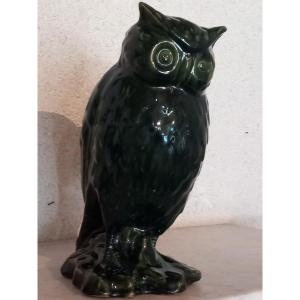 'grand Duke' Owl Sculpture In Glazed Sandstone, Mid-20th Century.