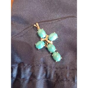 Small Cross Pendant In Silver And Turquoise, Mid-20th Century.