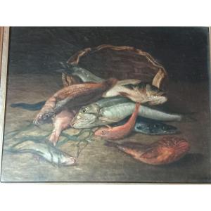 "still Life With Fish", Oil On Canvas, Signed And Dated "a. Jourdan 1881"