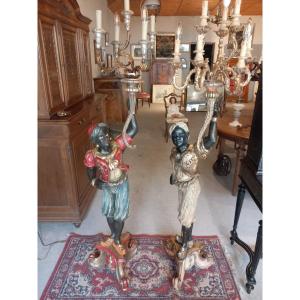 Suite Of A Pair Of Nubian Torch-bearers, Polychrome Carved Wood, Late 19th Century.