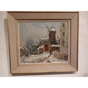 "montmartre, Le Moulin De La Galette Under The Snow", Oil On Canvas By Mério Améglio.