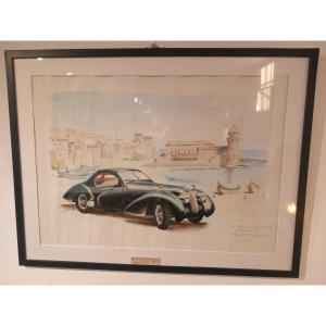 Large Watercolor By Juan Reus (1912-2003): "la Talbot Lago De Mme Coty"