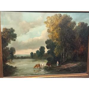 "the River", Oil On Copper Signed "constant".