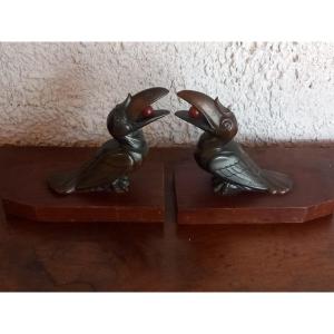 "the Toucans", A Pair Of Spelter Bookends, Signed 'h. Moreau'.