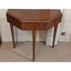 Art Deco Period Console Table For Games, In Rio Rosewood, Amboyna Burl And Mahogany.