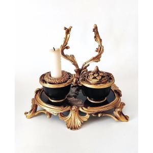 Bel encrier de Style XV en Laque et bronze doré Signé de la Maison Millet , Fin XIXème.