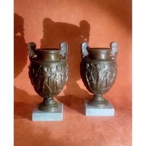 Pair Of Antique Vases, Patinated Bronze, 19th Century 