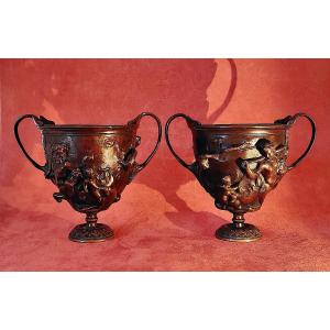 Pair Of "canthares" Cups After The Antique In Patinated Bronze, 19th Century.