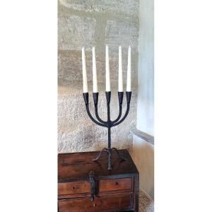 Large 5-light Wrought Iron Chandelier, Folk Art, 17th/18th Century.