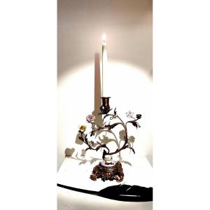Louis XV Style Candlestick And Inkwell Holder In Gilt Bronze With Porcelain Flowers, 19th Century.